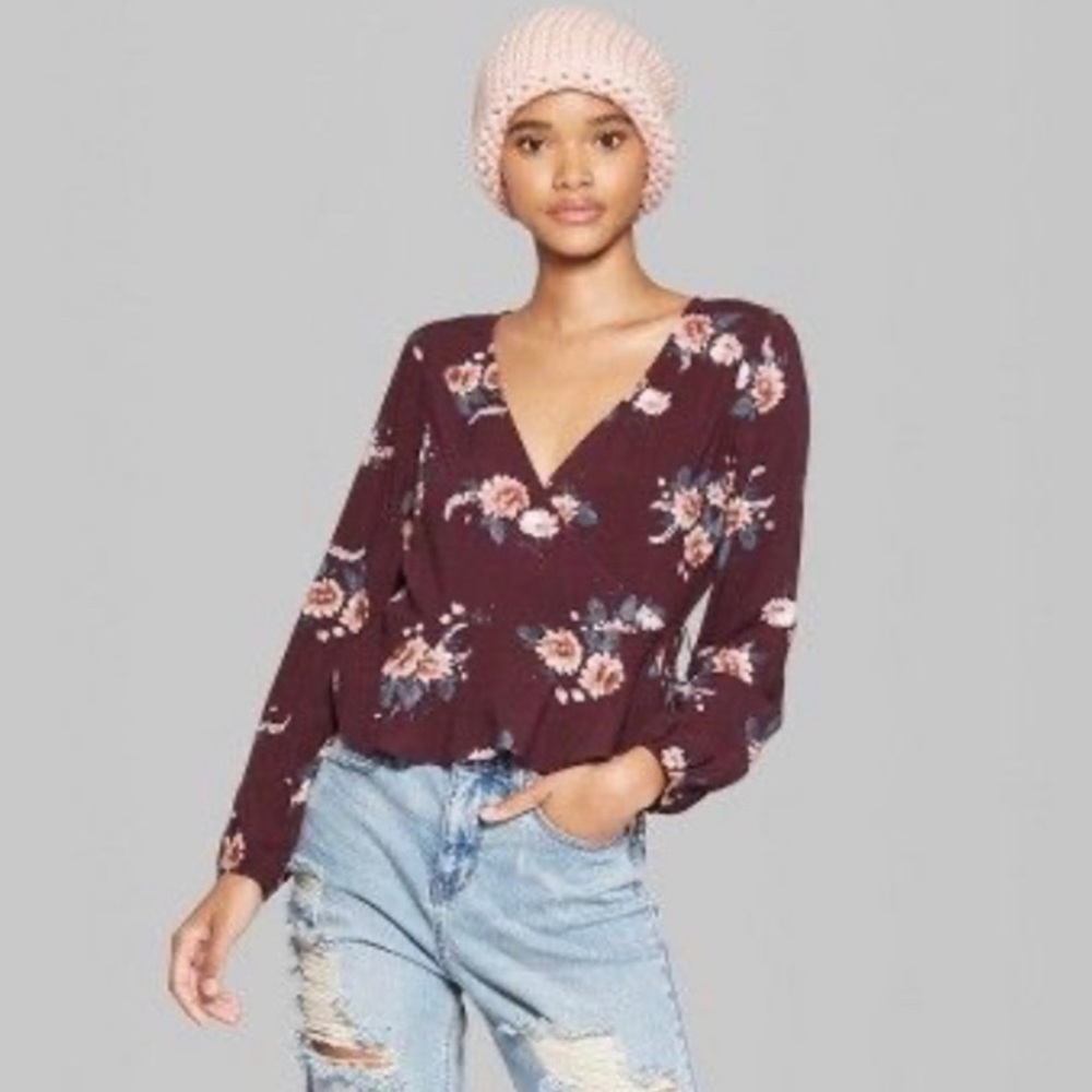Wild Fable Burgundy Floral Long Sleeve Wrap Blouse Women’s Size Small